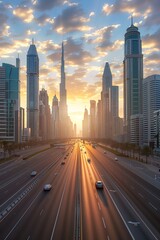 A wide shot of a busy highway in the city with the sun rising in the background.