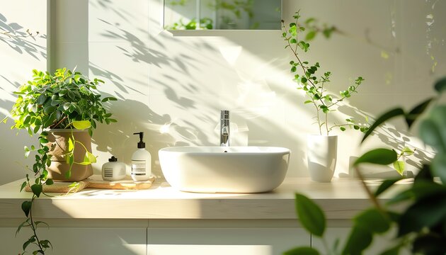 Bathroom with a large sink, a wooden vanity, and a large mirror. The bathroom is decorated with plants and has a bright, natural feel.