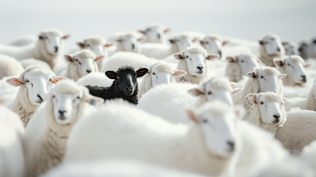 A black sheep stands out in the middle of white sheep 