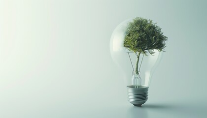 A light bulb with a tree growing inside it. The light bulb is turned off. The tree is green and healthy. The background is white.