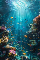 A beautiful and vibrant coral reef with a variety of fish and other sea life. The water is crystal clear and the sun is shining down, creating a beautiful scene.