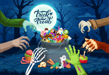 Halloween monster hands and sweets bucket on midnight holiday cemetery. Fall horror holiday, Halloween season vector banner with werewolf, zombie, vampire and skeleton hands, candies in cauldron © Vector Tradition