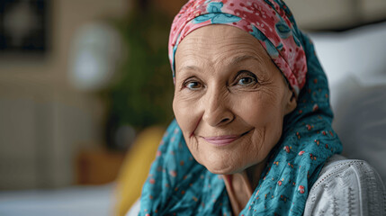 Smiling elderly woman with cancer in hospital wearing headscarf sitting and recovering