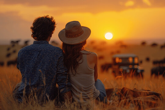 Young Couple on African Safari Watching Sunset with Wildlife and Vintage Jeep on Savannah Grassland