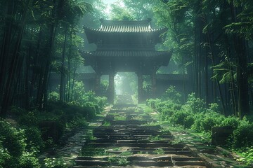 A forest with a temple in the middle