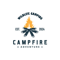 Design wood and fire, logo campfire bonfire vector camping adventure vintage illustration