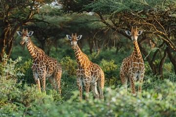 Obraz premium Three giraffes standing in a green forest