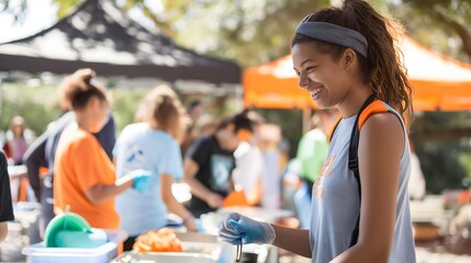 - A nonprofit manager organizing a community outreach event, with volunteers and activities in view