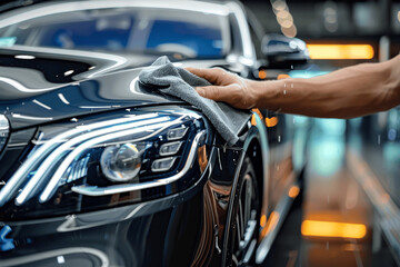 Fototapeta premium Man Detailing Black Luxury Car with Microfiber Cloth Close-Up, Super Realistic Photo of Car Cleaning Process