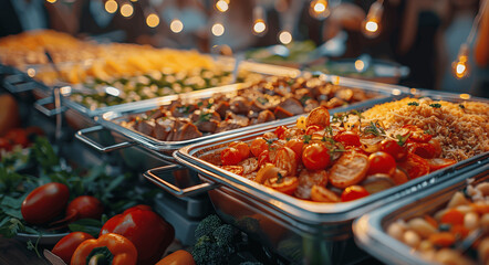 Luxurious Wedding Reception with Grilled Meat and Vegetables in Metal Chafing Dishes