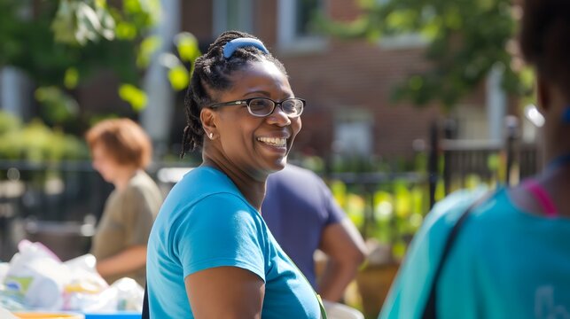 - A nonprofit manager organizing a community outreach event, with volunteers and activities in view