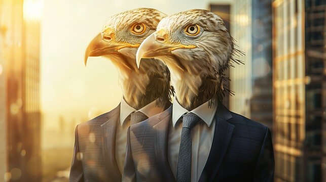 Two-headed birdman Wear a business suit like a businessman. business idea view realistic 