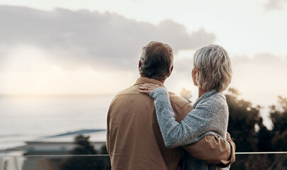 Senior couple, back and hug with balcony for love, embrace or outdoor holiday together at home. Mature man or woman with view of nature in relax or romance for vacation or bonding on terrace at house