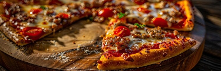Close-up of a delicious pepperoni pizza with a slice taken out, served on a wooden board with a rustic background.