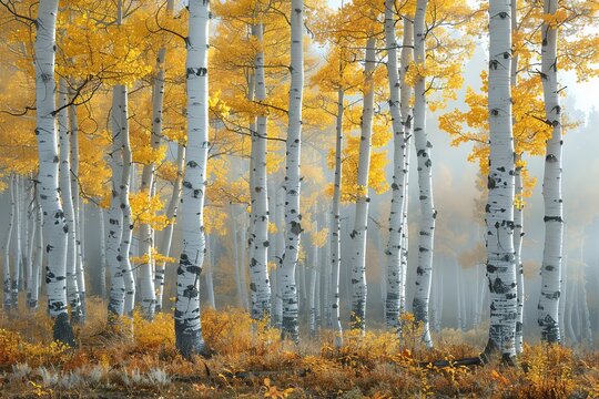 A forest of birch trees with yellow leaves