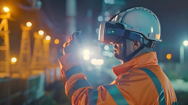 Construction engineer working using virtual reality simulator at construction site