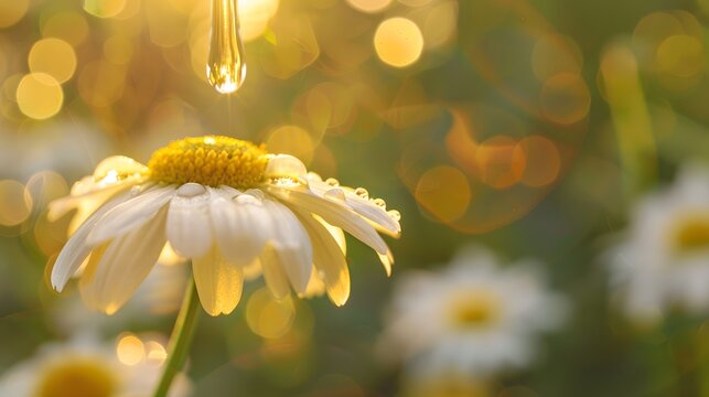 Dripping chamomile essential oil into bottle on blurred background.