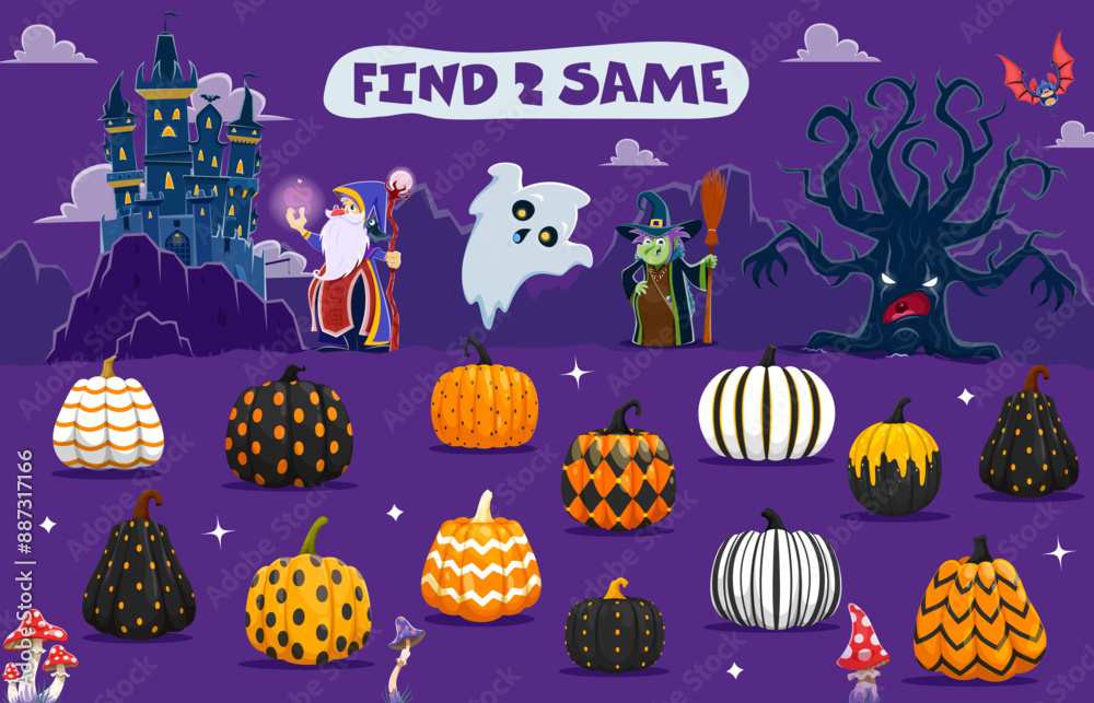 Aufkleber help to wizard find two same halloween patterned pumpkins kids quiz game vector worksheet. matching 