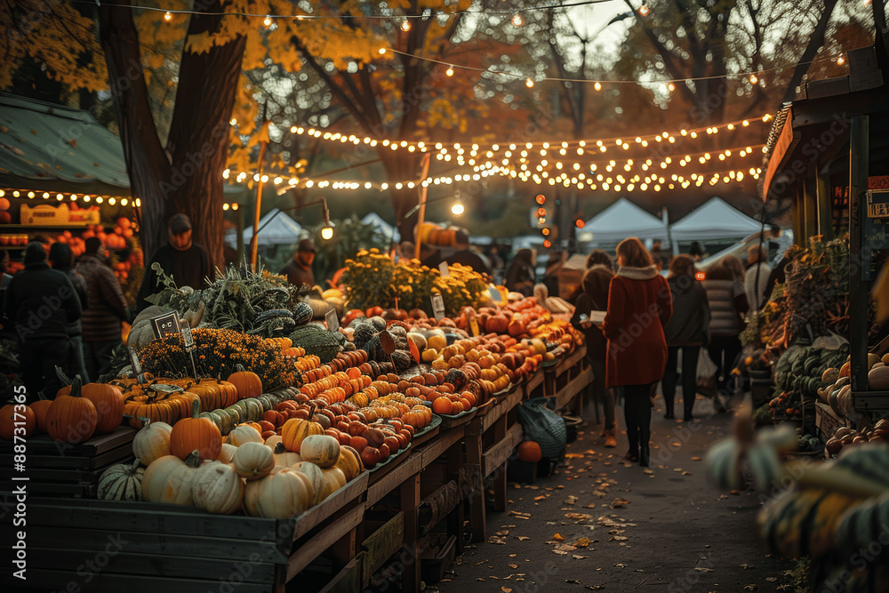 Wall mural autumn farmers market sunset pumpkins gourds vegetables harvest festival