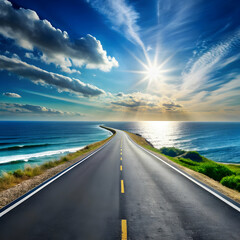 Fototapeta premium Coastal highway leading towards the horizon on a bright day Empty road meeting the ocean under a clear blue sky