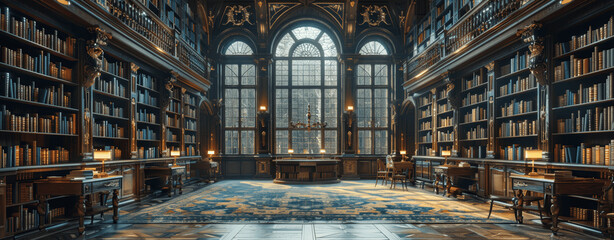 Historic European Library with Old Books and Manuscripts in a Grand Baroque Building