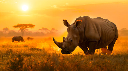 Obraz premium Majestic Rhinoceros Silhouette Grazing in the Tall Grass at Sunset in the Scenic Khama Rhino Sanctuary Kenya Africa Dramatic Orange and Golden Glow in the Sky with Clouds