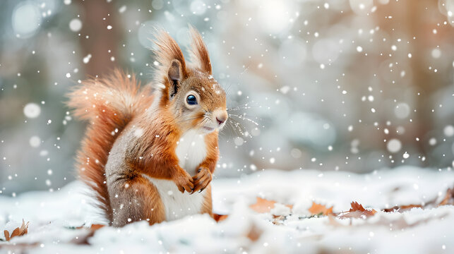 Adorable red squirrel Sciurus vulgaris sitting on a snow covered branch and searching for food in a blurred winter forest landscape  The small furry rodent is foraging for nuts