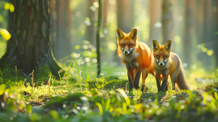 Naklejka premium Two curious and watchful foxes cautiously making their way through a vibrant green spring forest with soft natural light filtering through the lush vegetation