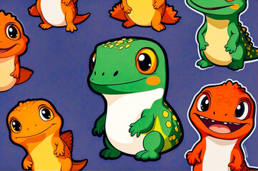 Naklejka premium Cartoon style: Assorted cartoon lizards in different sizes and colors, each displaying a distinct and playful appearance.