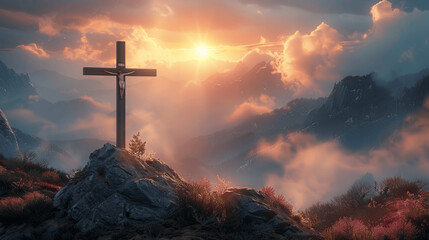 Holy Cross on Golgotha Hill with Sunrise Over Misty Mountains Symbolizing Jesus Christ's Resurrection and Sacrifice for Easter