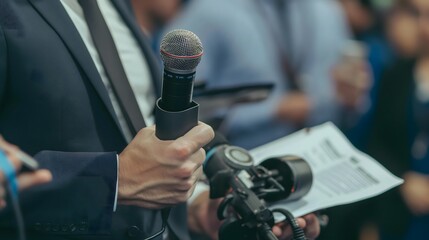 - A public relations specialist managing a media event, with press and promotional materials in view