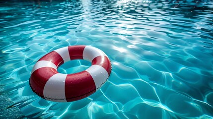 Naklejka premium Red and White Pool Float in Blue Water.