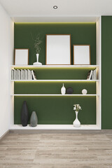 3d  render of minimal books shelves sunken with frames mock up. Oak parquet floor, green wall and white ceiling. Set 9