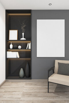 3d  render of minimal books shelves sunken with frames mock up. Oak parquet floor, gray wall and white ceiling. Set 2