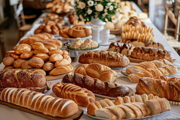 many bread on long table, Celebration, luxury food