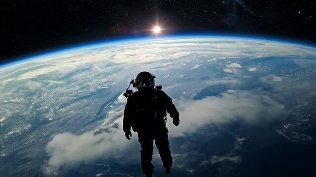 An astronaut floats in space above Earth, looking down at the planet's clouds and atmosphere.