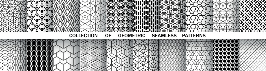 Geometric set of seamless black and white patterns. Simple vector graphics.