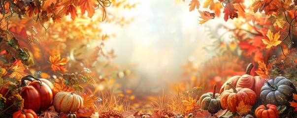Beautiful autumn scene with colorful leaves and pumpkins, perfect for seasonal decor and nature backgrounds. Captures fall's vibrant beauty.