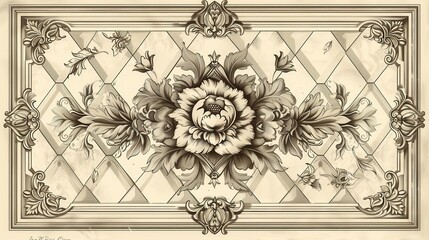 Obraz premium Vintage diamond border, ornate details, sepia tones, hand-drawn illustration, classic sophistication