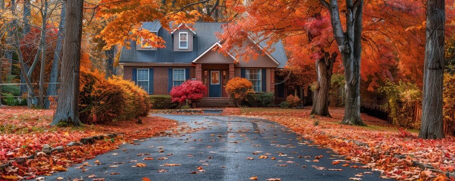 Charming house surrounded by vibrant autumn foliage, highlighting the beauty of fall colors on a peaceful suburban street.