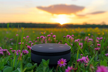 Bluetooth speaker stands out against a backdrop of a tranquil forest scene