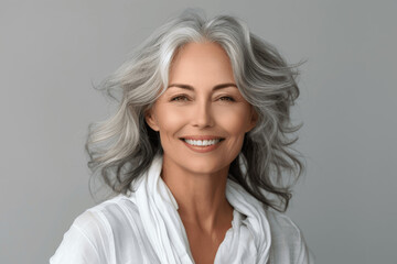 Fototapeta premium Beautiful Smiling Senior Woman with Gray Hair Close-Up Portrait Healthy Face Skincare and Dental Care