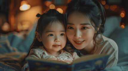 Asian mother reading bedtime story to daughter in bed, joyful family moment