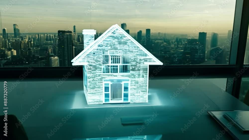 Poster a digital model of a house sits on a glass desk in front of a city skyline.