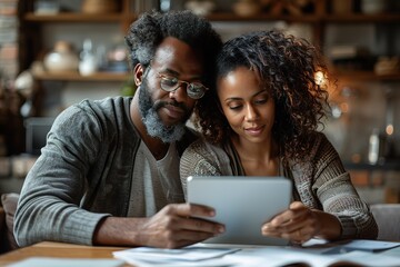 Naklejka premium A man and woman are looking at a tablet together