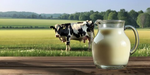 Fresh Milk on a Farm Table with Scenic Barn and Rolling Hills