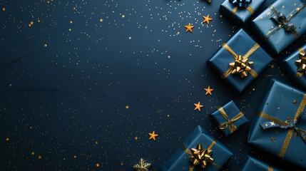 illustration of blue gifts with golden bows and ribbons placed on blue background near stars