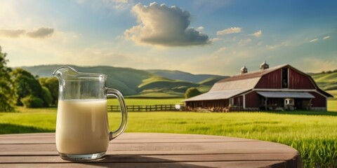 Fresh Milk on a Farm Table with Scenic Barn and Rolling Hills