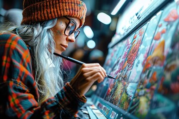 Obraz premium A woman is painting a picture of a forest with a mushroom on it