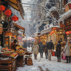 Obraz premium Feel the Chill as Sleet Slaps the Colorful City Market - Vibrant Urban Scene